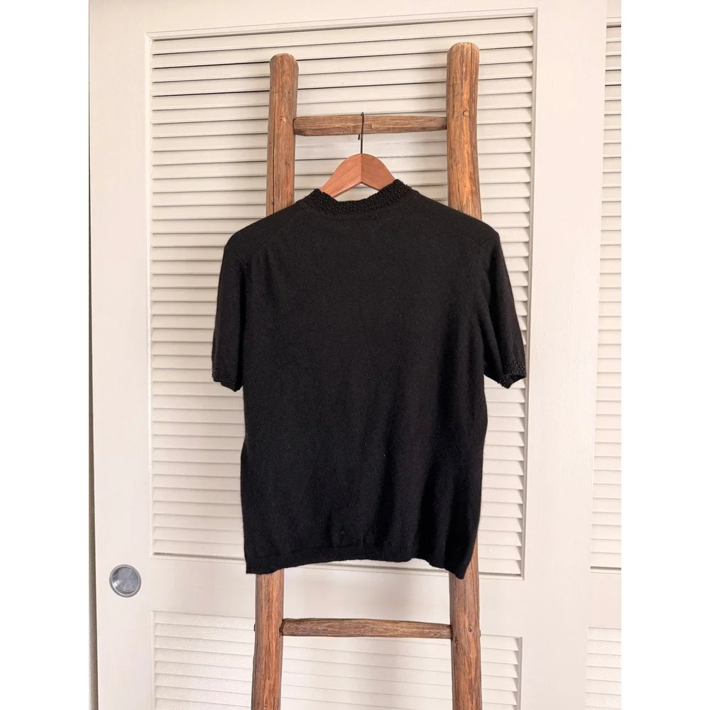 JONES NEW YORK COUNTRY Black Beaded Mock Neck‎ Short Sleeve Sweater Top L